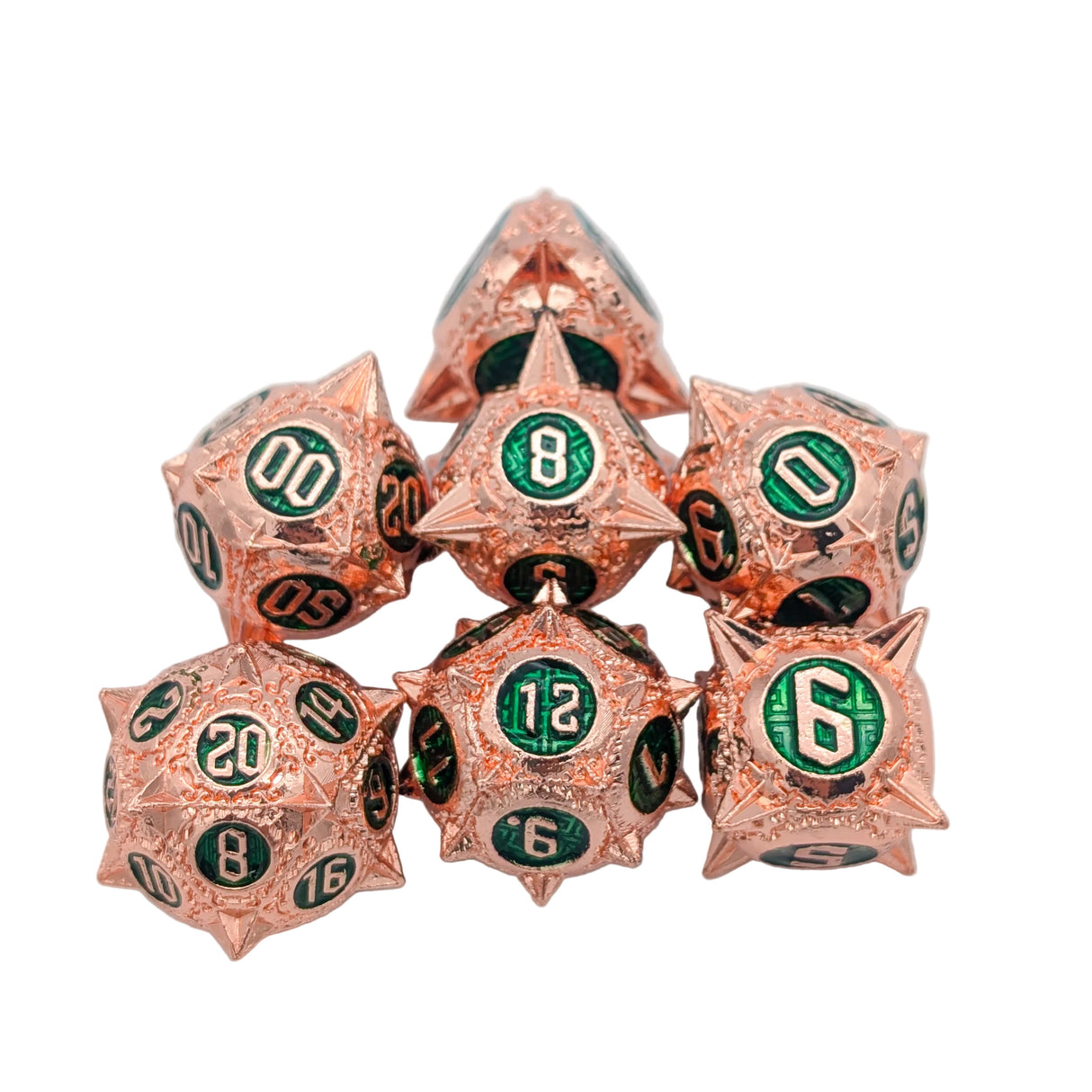 Caltrops Copper and Green Metal Dice Set