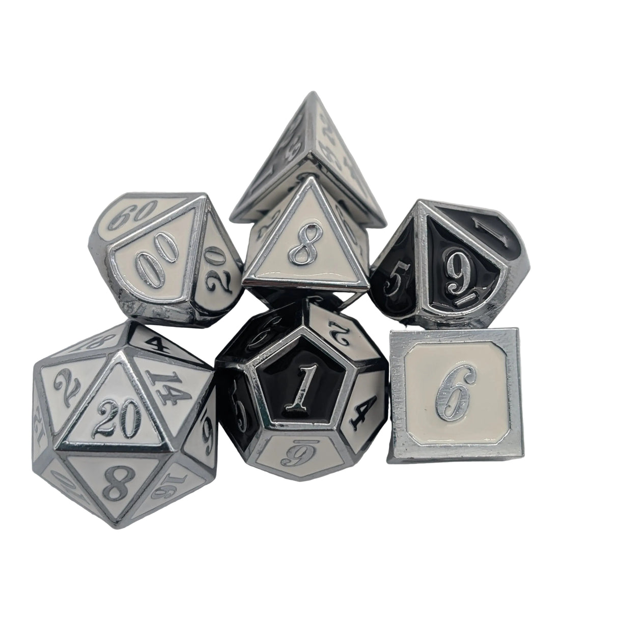 Dual Tone Black, White and Silver Metal Dice Set