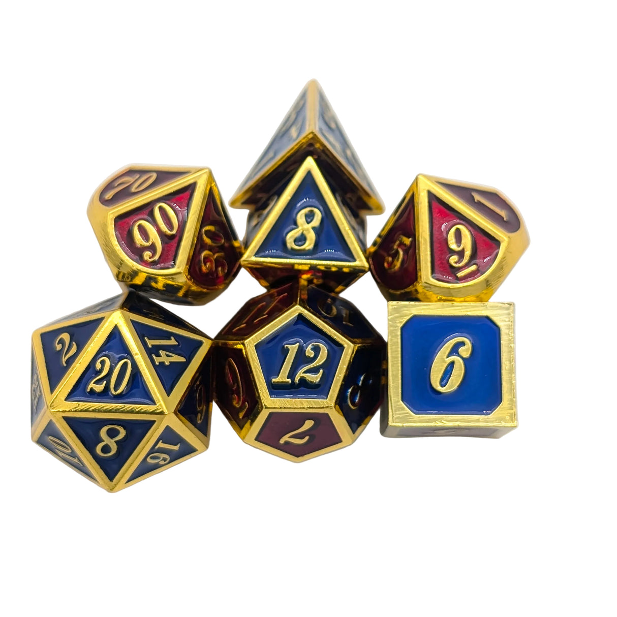 Dual Tone Red Blue and Gold Metal Dice Set