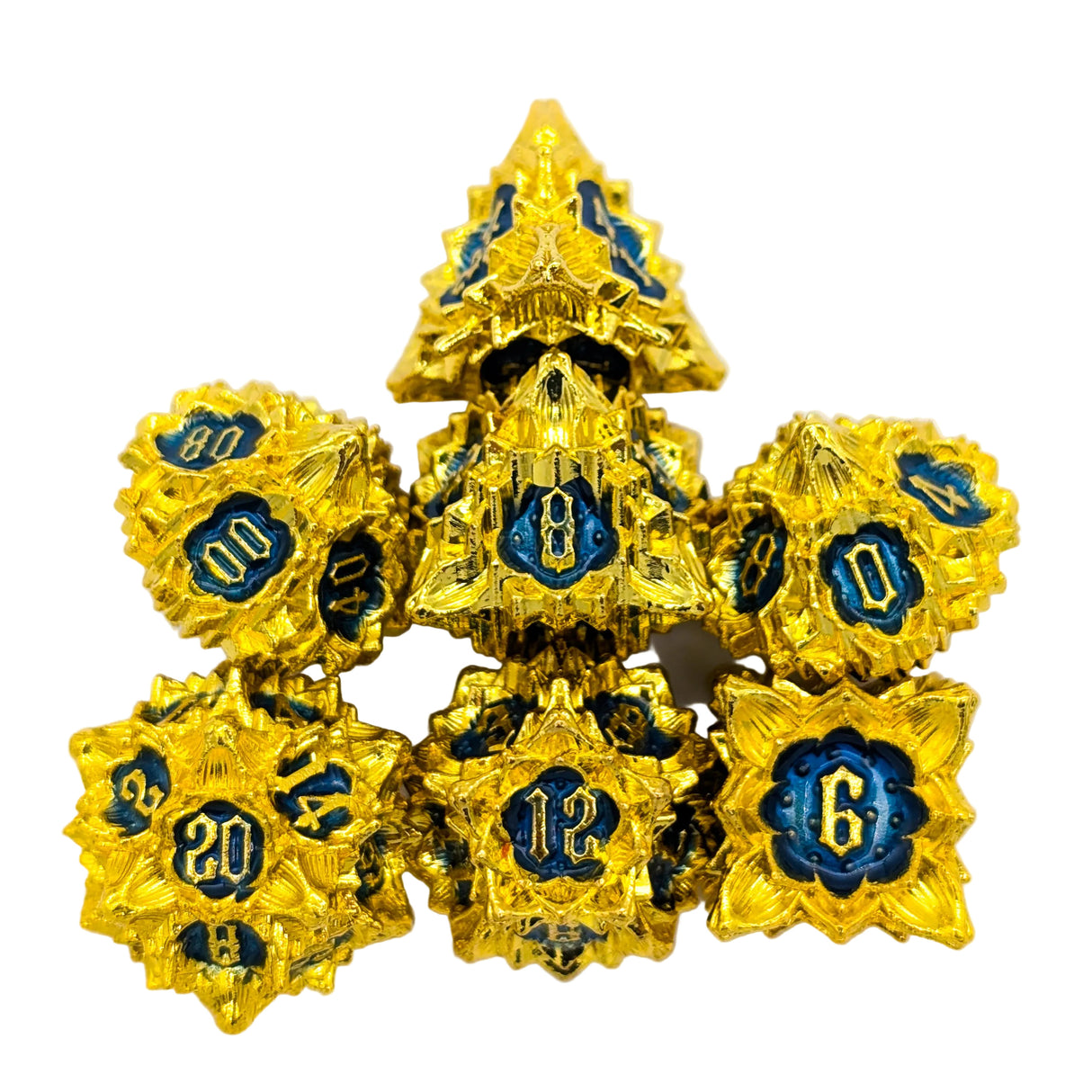 Flower Gold and Blue Metal Dice Set