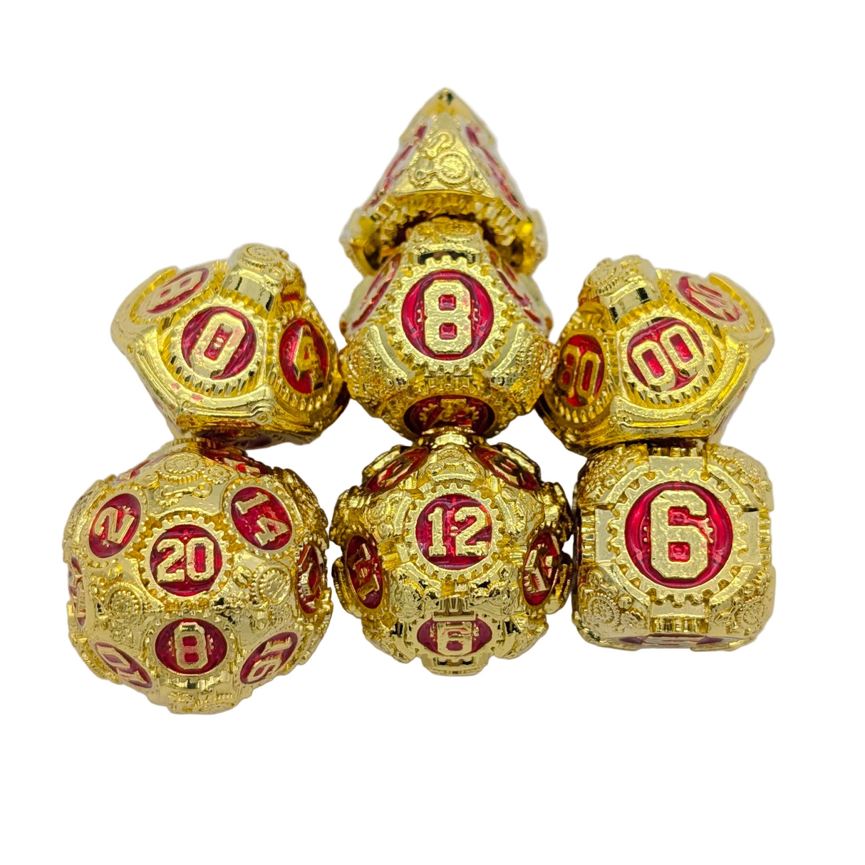 Gears Gold and Red Metal Dice Set