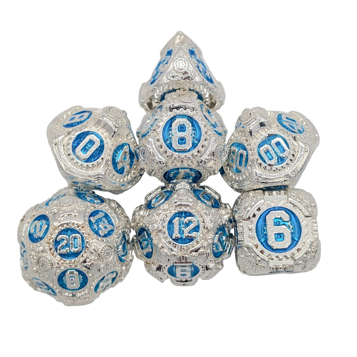 Gears Silver and Blue Metal Dice Set