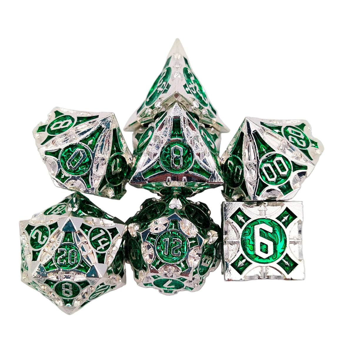 Point Silver and Green Metal Dice Set