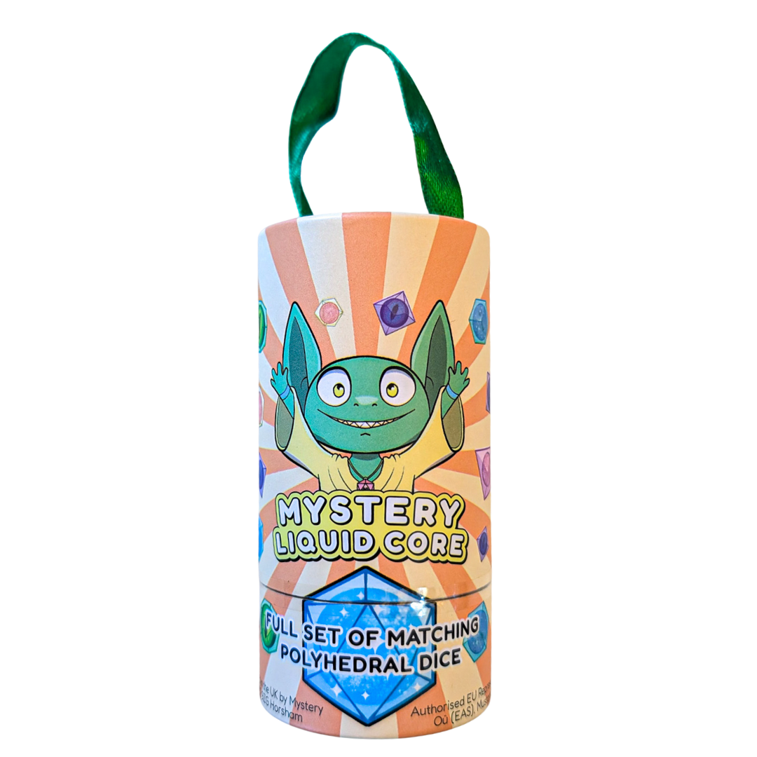 Premium dice set packaging with a cartoon goblin, wholesale bulk mystery liquid core dice.