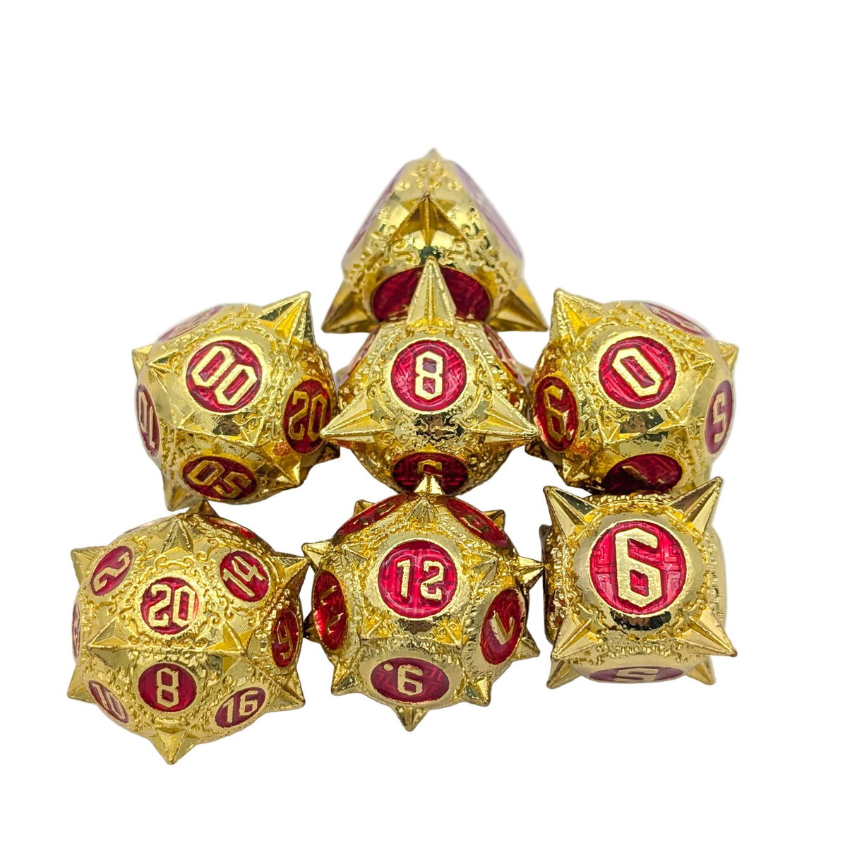 Caltrops Gold and Red Metal Dice Set