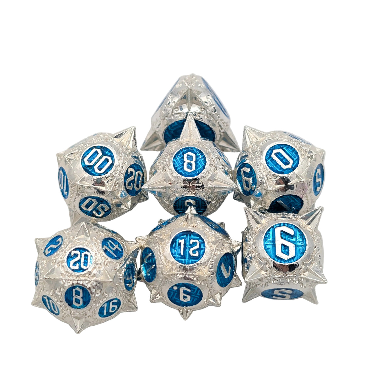 Caltrops Silver and Blue Metal Dice Set