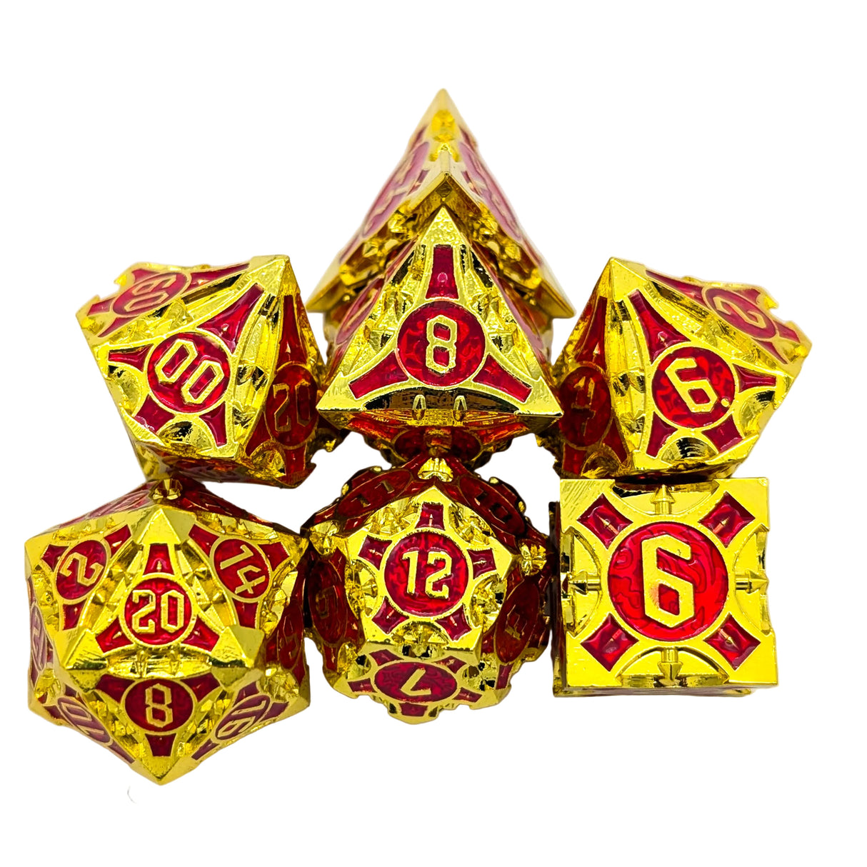 Point Gold and Red Metal Dice Set