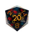 An Eldritch Abomination - Monster Liquid Core D20, featuring gold numbers and a liquid core filled with multiple red and yellow monster eyes.
