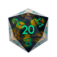 The Leviathan - Monster Liquid Core D20 is a transparent 20-sided die with a dark, spherical core filled with glowing yellow eyes and green numbers.