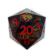 A Pirate’s Plunder - Monster Liquid Core D20, featuring a translucent die with red numbering and a liquid core containing floating skulls and flame patterns.