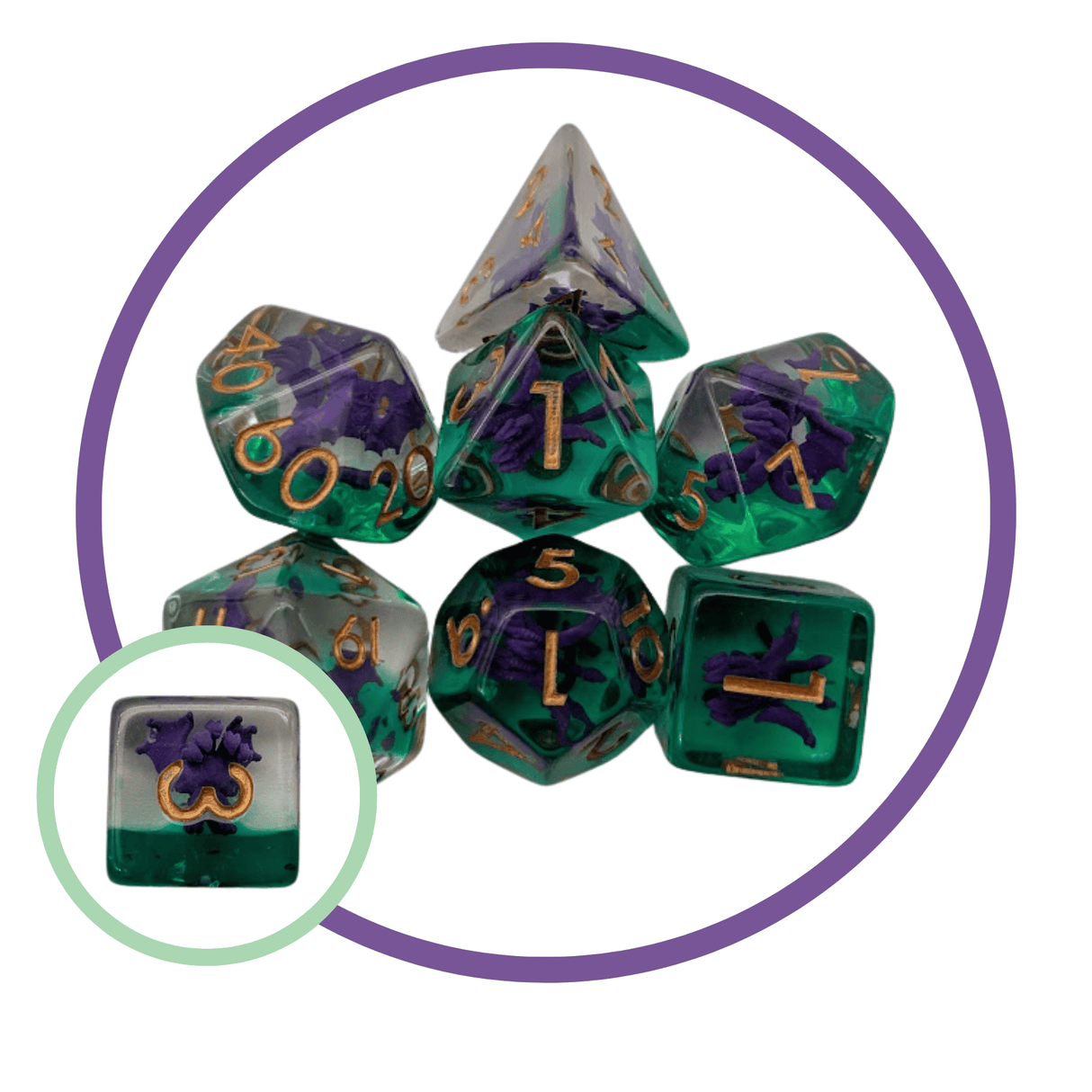 Five-Headed Dragon Purple Inclusion Dice Set