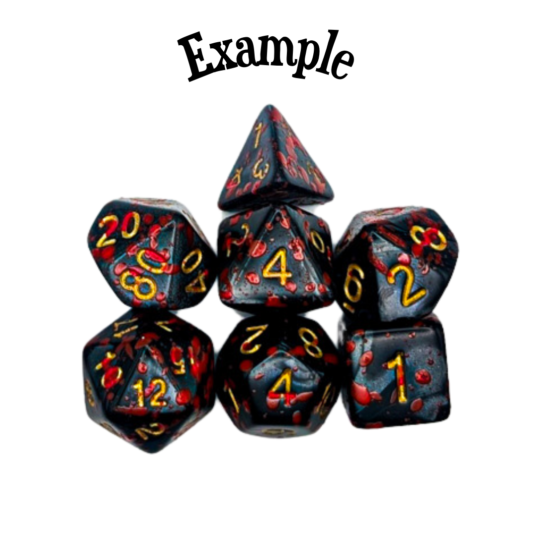 Set of black dice with red and yellow numbers on a white background